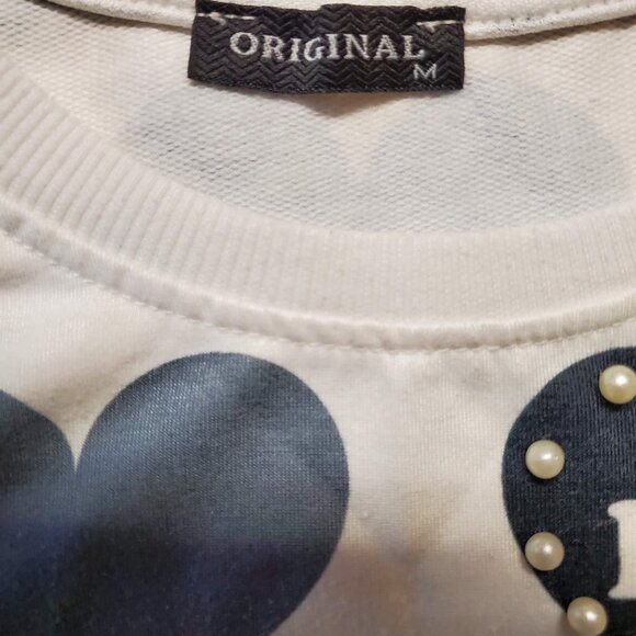 Pearl Studded Black Grey Hearts Love White Short Sleeve Top by ORIGINAL - Picture 7 of 8